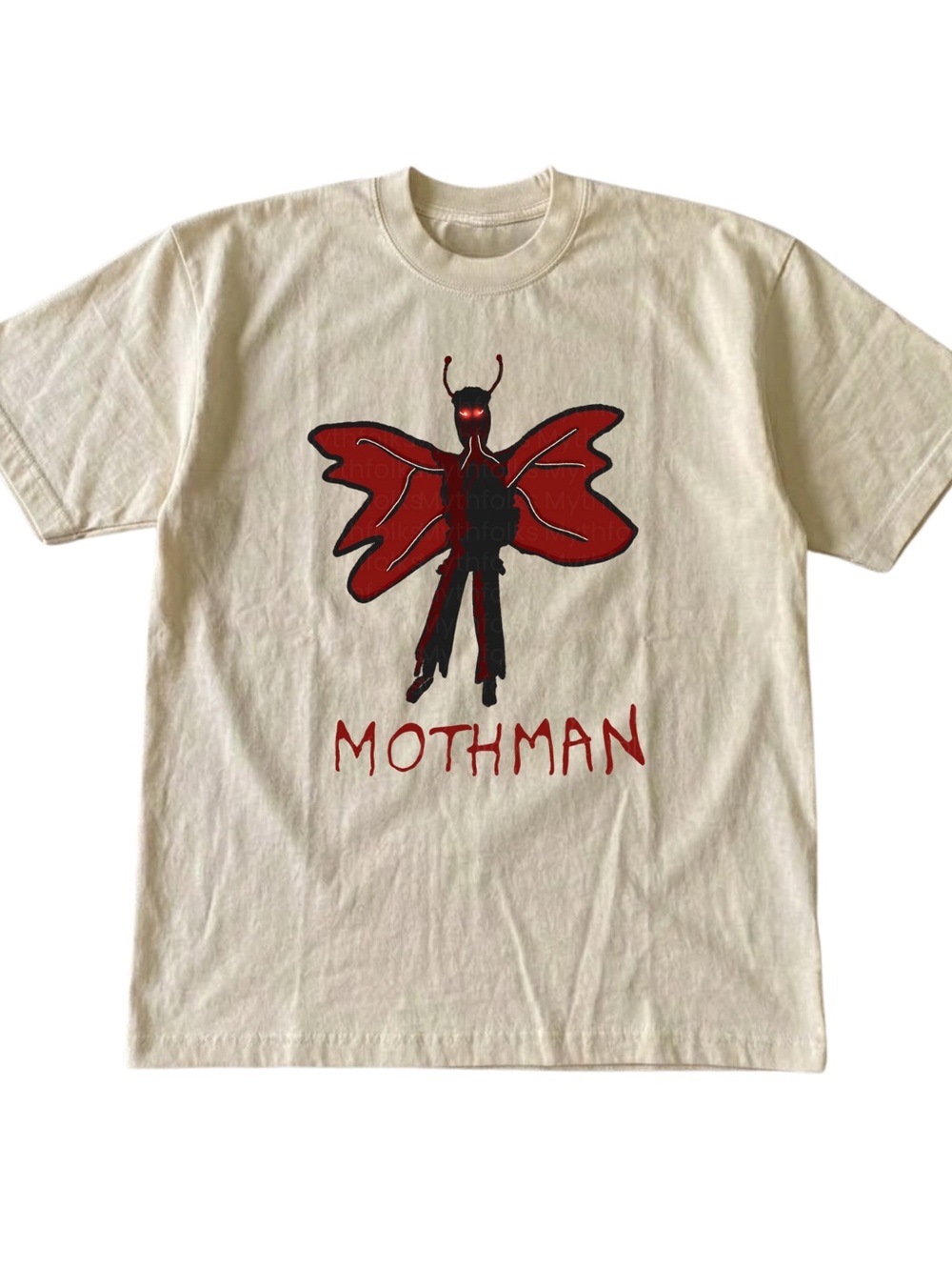 Gildan Mothman Graphic Tee in Cream with Red Print